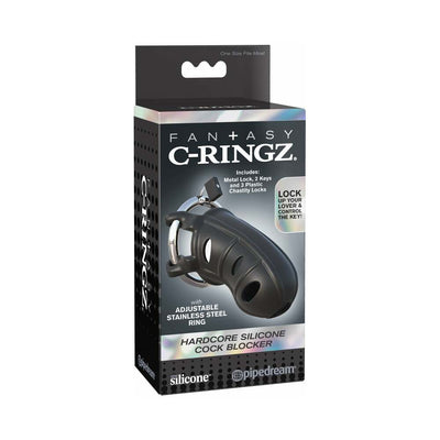Packaging of Fantasy C-Ringz Hardcore Silicone Cock Blocker with adjustable stainless steel ring and lock, black silicone design.