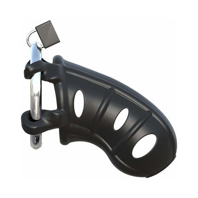 Black silicone chastity cage with stainless steel ring and attached lock, designed for secure and comfortable wear.
