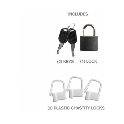 Set of two metal keys, one black padlock, and three white plastic chastity locks on a white background.