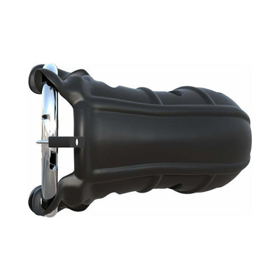 Black silicone chastity cage with stainless steel adjustable ring and locking pin, designed for secure and comfortable wear.