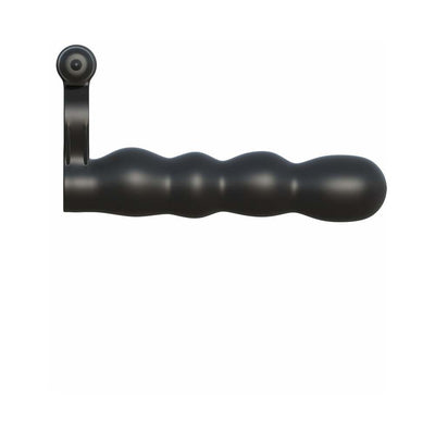 Black posable double penetrator with textured shaft and attached vibrating ring for enhanced stimulation.