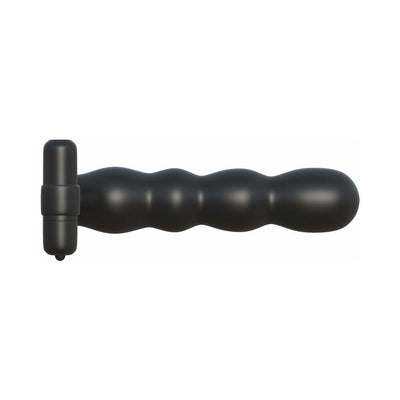Black posable double penetrator with textured shaft and attached vibrating cock ring.