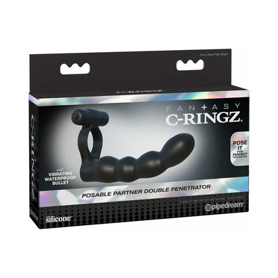 Black Fantasy C-Ringz posable partner double penetrator with vibrating waterproof bullet in retail packaging.