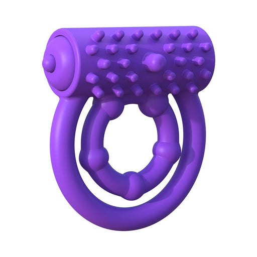 Purple dual-ring vibrating performance ring with textured surface and small nodules for added stimulation.