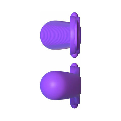 Purple silicone vibrating bullet with textured and smooth sides for couples ring use shown from two angles.