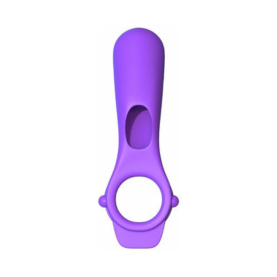 Purple silicone vibrating couples ring with textured stimulator and ergonomic design for enhanced pleasure.