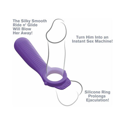 Purple silicone vibrating couples ring with textured stimulator and ergonomic design for enhanced pleasure and endurance.