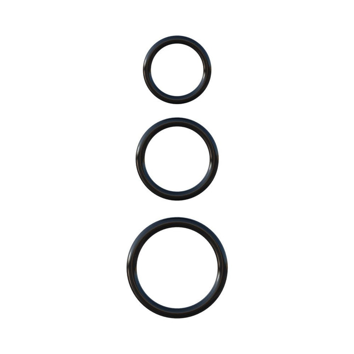 Set of three black silicone rings in small, medium, and large sizes displayed on a white background.