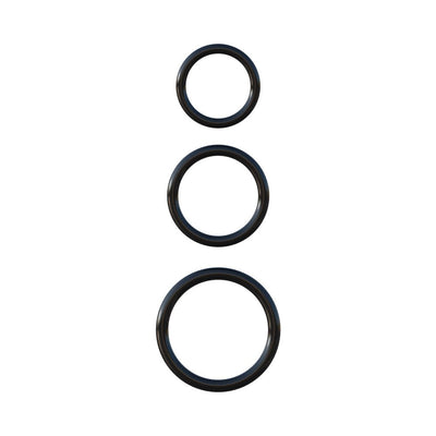 Set of three black silicone rings in small, medium, and large sizes displayed on a white background.