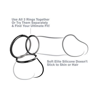Diagram showing three black silicone rings positioned on a simplified outline of male anatomy, highlighting fit options and soft silicone material benefits.