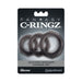 Set of three black silicone stamina rings in designer octagonal shape on branded packaging.