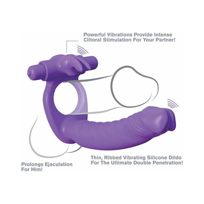 Purple silicone double penetrator rabbit with ribbed dildo, vibrating clitoral stimulator, and cock ring for enhanced pleasure.