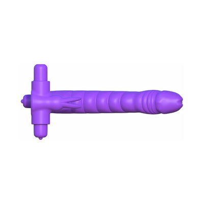 Purple silicone double penetrator with ribbed shaft, clitoral stimulator, and vibrating cock ring.