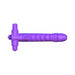 Purple silicone double penetrator with ribbed shaft, clitoral stimulator, and vibrating cock ring.