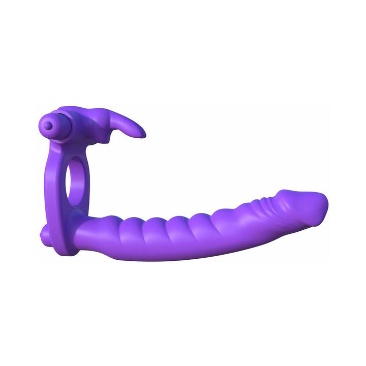 Purple silicone double penetration toy with ribbed shaft and integrated vibrating rabbit stimulator and cock ring.