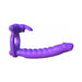 Purple silicone double penetration toy with ribbed shaft and integrated vibrating rabbit stimulator and cock ring.