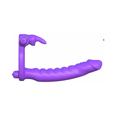 Purple silicone double penetrator rabbit with ribbed shaft and clitoral stimulator ears on a white background.