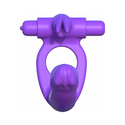 Purple silicone double penetrator ring with rabbit-shaped clitoral stimulator and dual vibrating bullets.