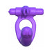 Purple silicone double penetrator ring with rabbit-shaped clitoral stimulator and dual vibrating bullets.