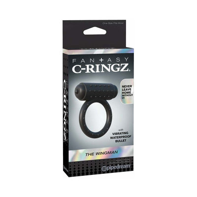 Packaging of Fantasy C-Ringz The Wingman black vibrating waterproof cock ring with textured bullet vibrator.