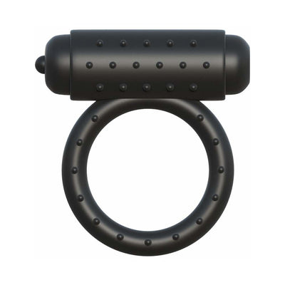 Black vibrating cock ring with textured grip and bullet vibrator on top, designed for enhanced endurance and stimulation.