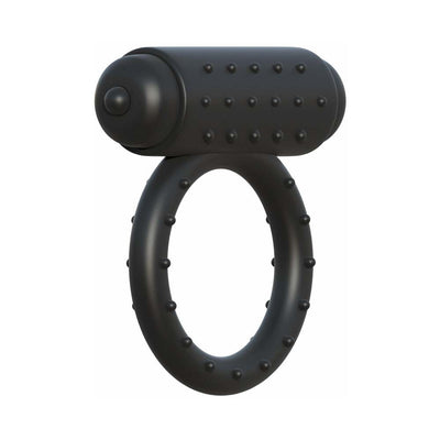 Black vibrating cock ring with textured nubs and a push-button bullet vibrator on top.