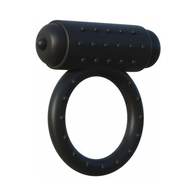 Black vibrating cock ring with textured surface and flexible stretchy band for enhanced endurance and stimulation.