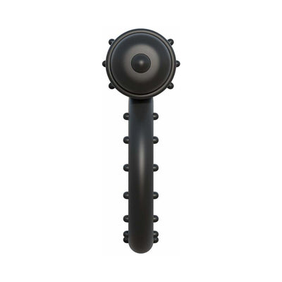 Black vibrating cock ring with textured nubs and a central button for stimulation and endurance enhancement.
