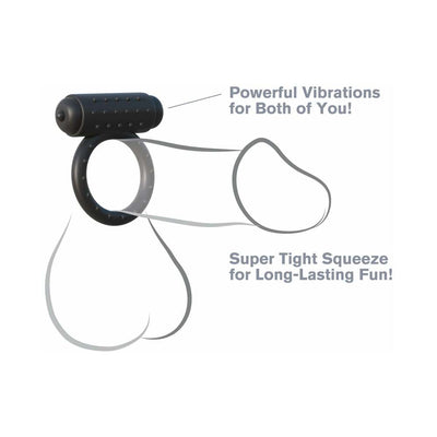 Black vibrating cock ring with textured bullet and stretchy ring, shown with diagram highlighting tight fit and dual vibrations.