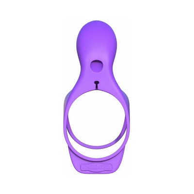 Purple silicone dual-ring couples cage with integrated clitoral stimulator and vibrating bullets.