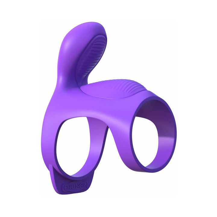 Purple silicone dual-ring couples cage with textured clitoral stimulator and vibrating feature.