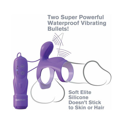 Purple dual-ring couples cage with two waterproof vibrating bullets and remote control, made from soft silicone.