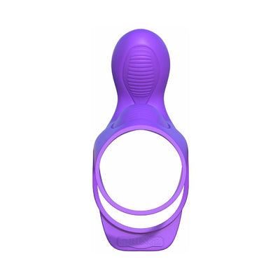 Purple silicone couples ring with textured clitoral stimulator and dual vibration design.