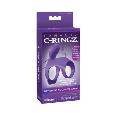 Purple Fantasy C Ringz Ultimate Couples Cage packaging highlighting dual waterproof vibrating bullets and silicone material.