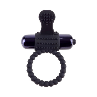 Black vibrating silicone super ring with textured clitoral stimulator and bullet vibrator insert.