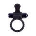 Black vibrating silicone super ring with textured clitoral stimulator and bullet vibrator insert.