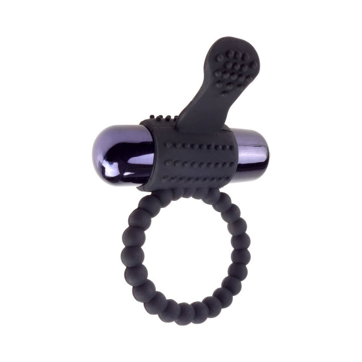 Black vibrating silicone super ring with textured clitoral stimulator and bullet vibrator on white background.