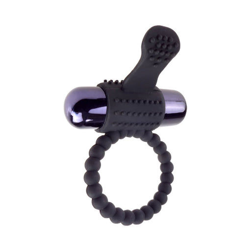 Black vibrating silicone super ring with textured clitoral stimulator and bullet vibrator on white background.