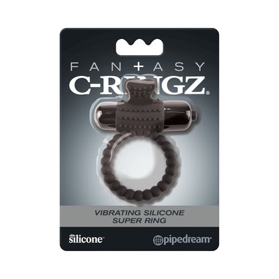 Black vibrating silicone super ring with textured stimulator, packaged in branded Fantasy C-Ringz box.