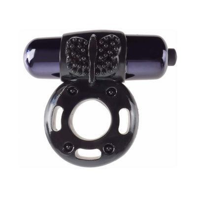 Black vibrating ring with textured butterfly detail and bullet vibrator attachment on white background