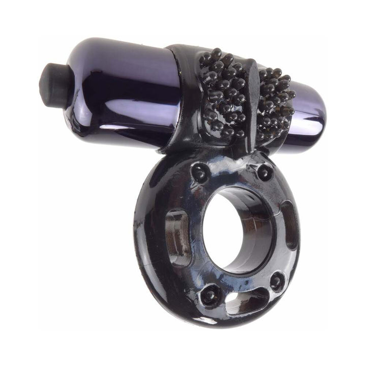 Purple vibrating super ring with textured nubs and stretchy black band for enhanced pleasure and support.