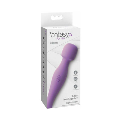 Purple silicone body massager with compact design shown in white retail packaging for personal use.