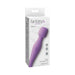 Purple silicone body massager with compact design shown in white retail packaging for personal use.