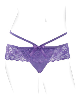Purple lace crotchless panty with bow detail and strappy waistband on a white mannequin torso.