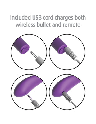 Charging demonstration of purple wireless bullet vibrator and remote with included USB cord.