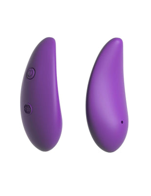 Purple wireless remote control for intimate massager with power and mode buttons shown from two angles.
