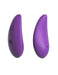 Purple wireless remote control for intimate massager with power and mode buttons shown from two angles.