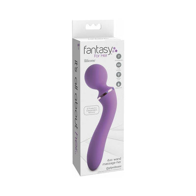 Purple ergonomic duo wand massager for her in white retail packaging with product features and branding.