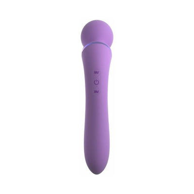 Purple ergonomic Duo Wand Massage-Her with rounded head and control buttons on handle against white background.