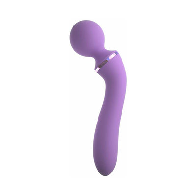 Purple ergonomic duo wand massager with rounded head and curved handle for targeted stimulation.